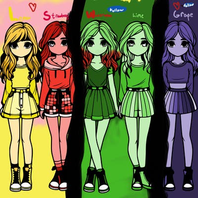 group of 6 realistic girls in a row