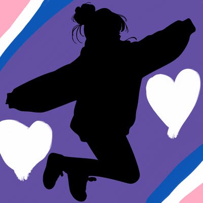 realistic girl jumping with a bun and oversized sweatshirt