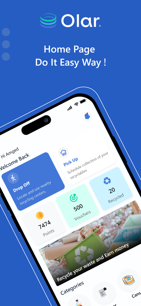 Panel de inicio de la aplicación Olar que muestra puntos de reciclaje, cupones y opciones para recogida y entrega de residuos.