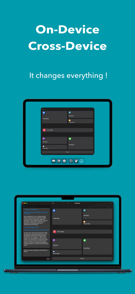 iPad 및 Mac에서 표시되는 Simulfund 앱 인터페이스로, 크로스 디바이스 스타트업 자금 조달 도구를 보여줍니다.