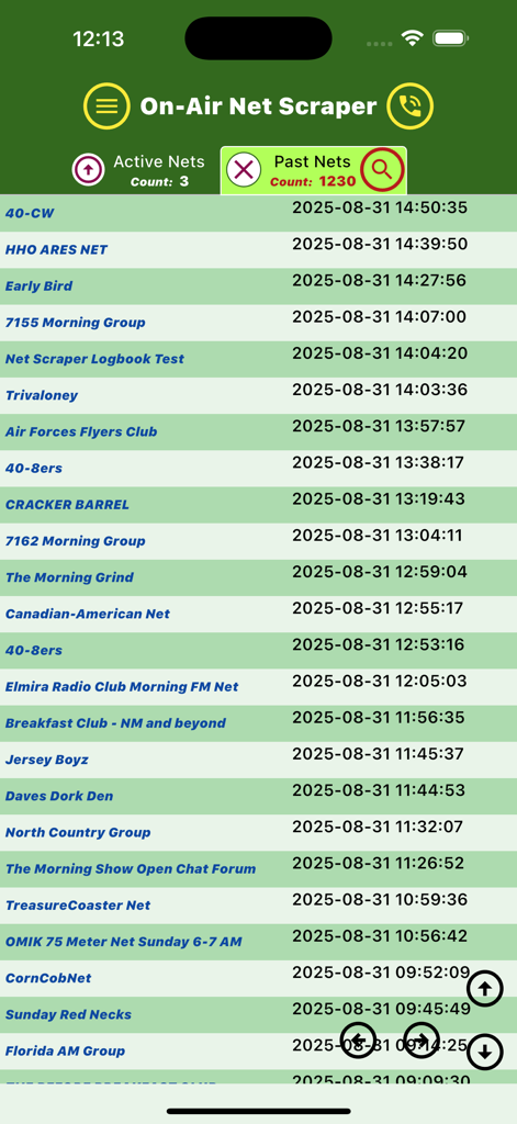On-Air Net Scraper - A mobile interface of On-Air Net Scraper displaying a list of past amateur radio nets with their names and timestamps.