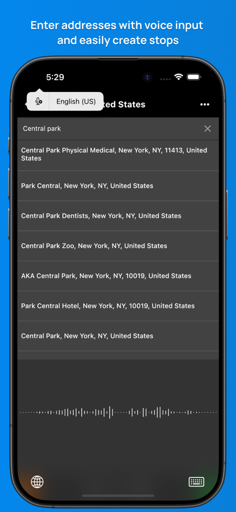 Routin Route Planner - Routin app interface showing voice input feature to search and add delivery stops in New York