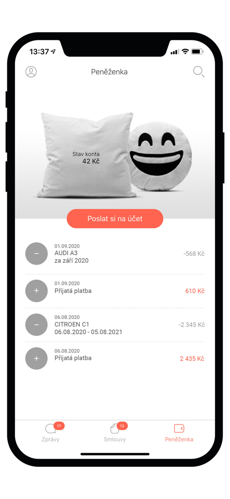 Pillow insurance - Mobile app screen showing insurance wallet with account balance and transaction history for car policies
