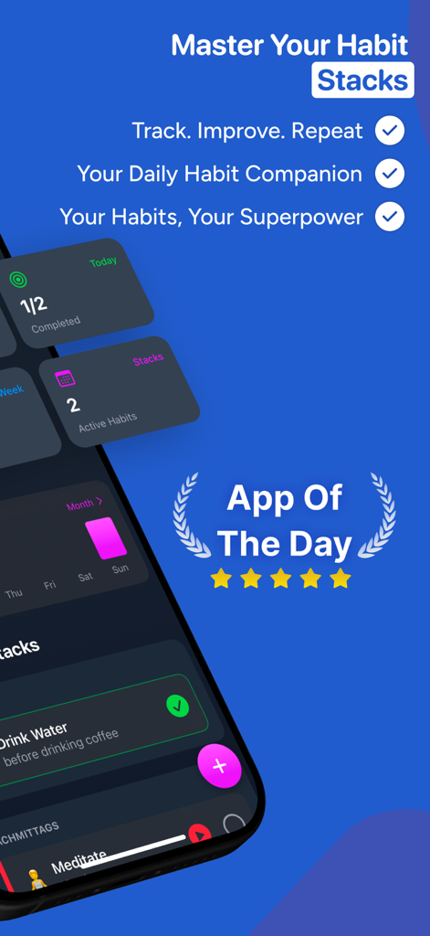 Stack Habit - Visualización de la aplicación móvil Stack Habit que muestra pilas de hábitos e interfaz de seguimiento diario