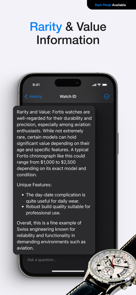 Watch ID - Identify & Value - Watch ID app interface displaying market valuation and technical details for a Fortis chronograph.