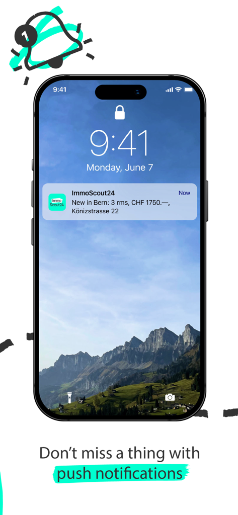 Smartphone screen showing a property alert notification from the ImmoScout24 app
