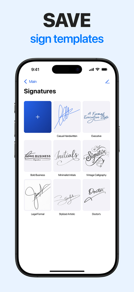 A mobile interface showcasing various professional signature styles and saved templates for electronic document signing