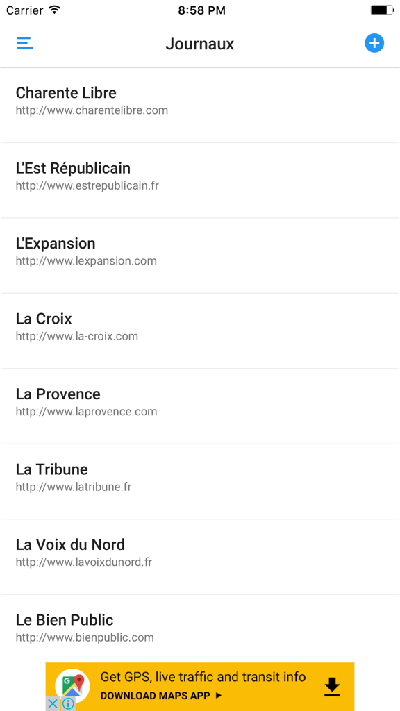 JOURNAUX et MAGAZINESモバイルアプリインターフェイスのフランスのニュースソースのリスト