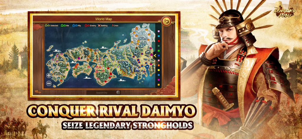 A samurai lord standing next to a world map of feudal Japan in Sengoku Fubu