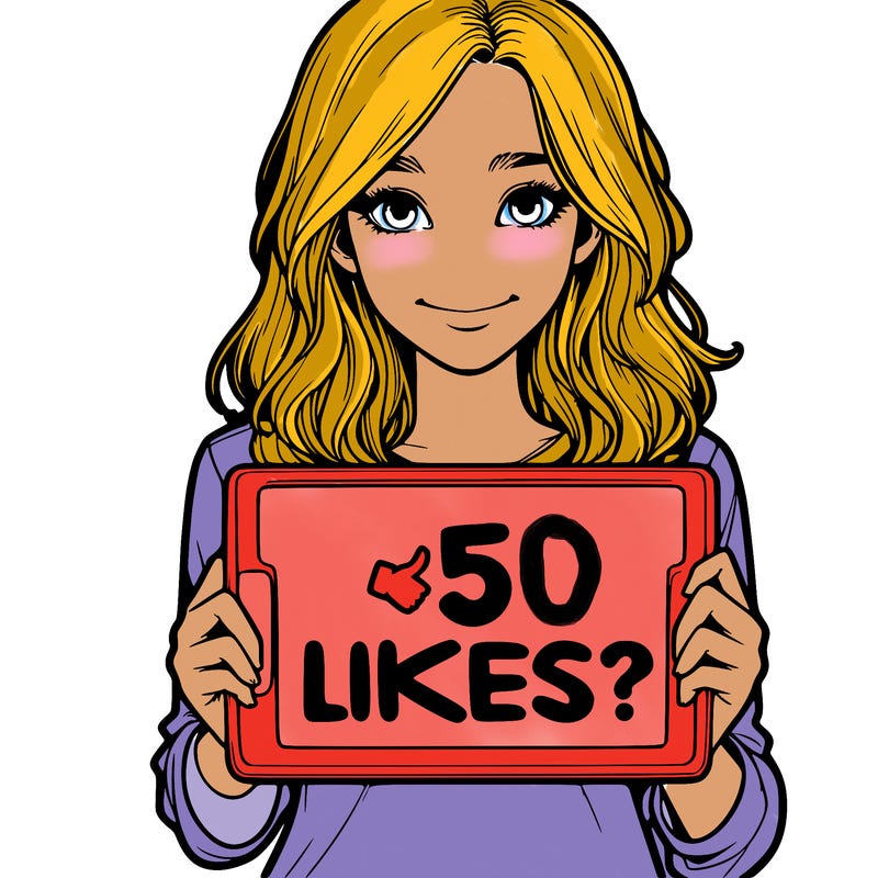 a realistic girl holding a sign saying 5 likes?