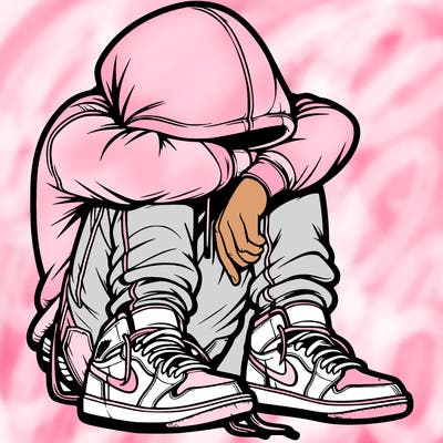 depressed man wearing hoodie and jordan shoes and baggy jeans