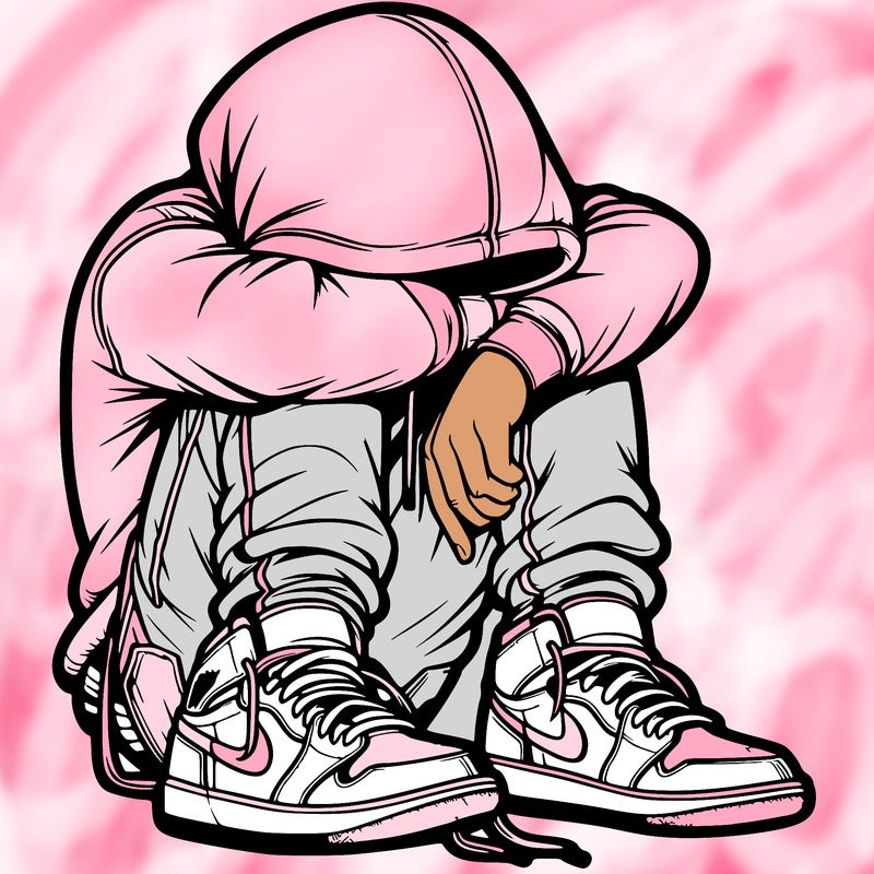 depressed man wearing hoodie and jordan shoes and baggy jeans