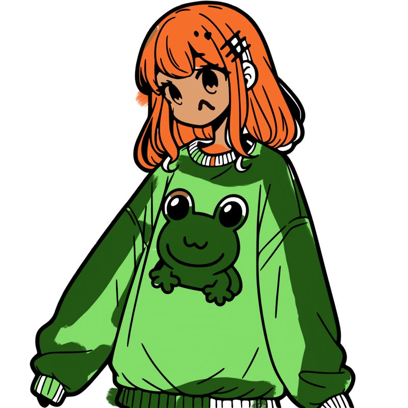 girl wearing frogging sweatshirt