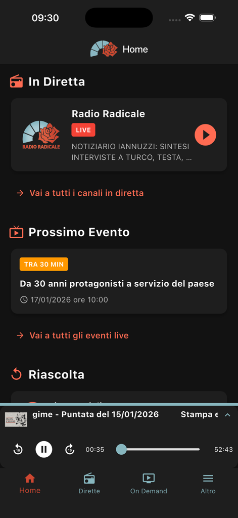 Radio Radicale - A tela inicial do aplicativo Rádio Radicale com transmissões políticas ao vivo e próximos eventos institucionais.