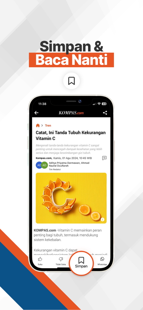 KOMPAS.com: Berita Terpercaya - Captura de pantalla de la aplicación KOMPAS.com mostrando la función de guardar y leer más tarde en un artículo de noticias