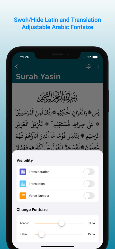 Yasin & Tahlil - Interface of the Yasin and Tahlil app showing customization options for font size and text visibility for Arabic and Latin transliteration