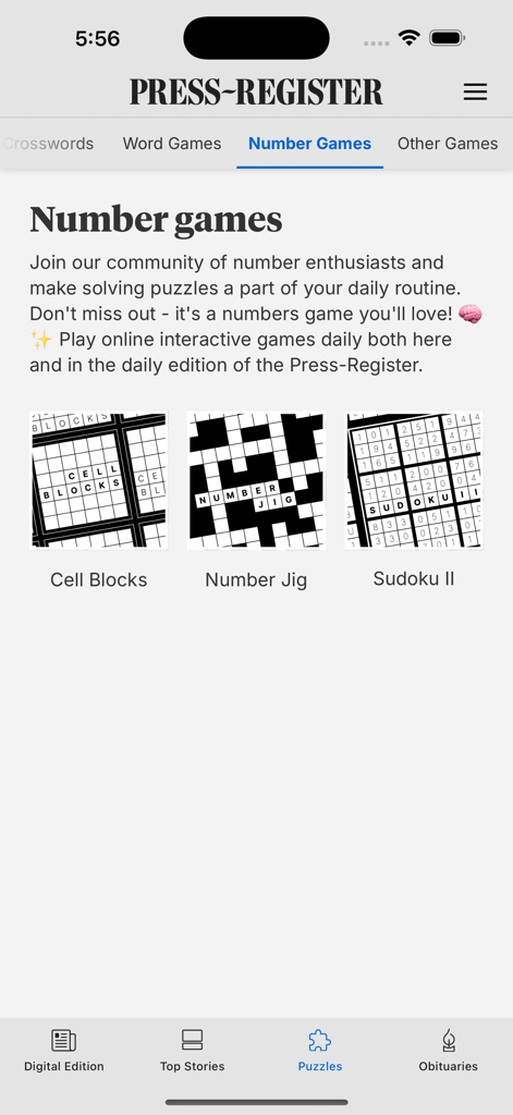 The Press-Register - The Press-Register app interface showing interactive number puzzles including Sudoku and Cell Blocks