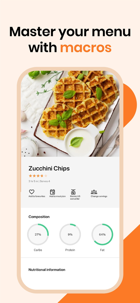 Keto Diet-Carb tracker & meals - Interface de l'application Keto montrant une recette de chips de courgettes et une répartition nutritionnelle des macros pour les glucides, les protéines et les graisses
