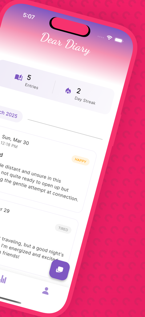 Dear Diary AI - Journal - Dashboard of Dear Diary AI app showing journal entries with emotional tags and a daily streak counter.