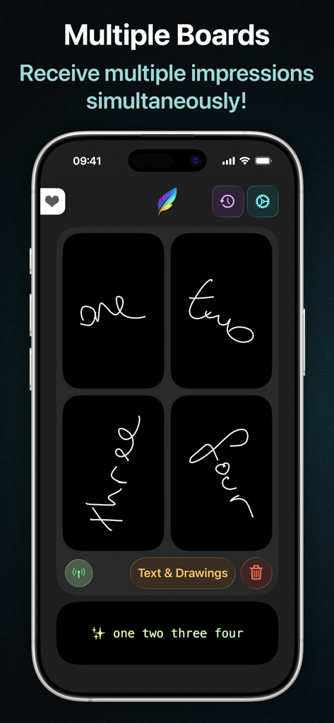 Pluma - iPhone screen showing Pluma app receiving and recognizing handwriting from four different magic impression boards simultaneously