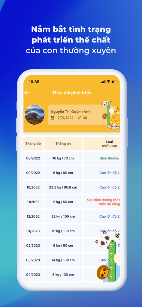 vnEdu Connect - Interface de l'application vnEdu Connect montrant un graphique mensuel de suivi de la croissance de la taille et du poids d'un enfant