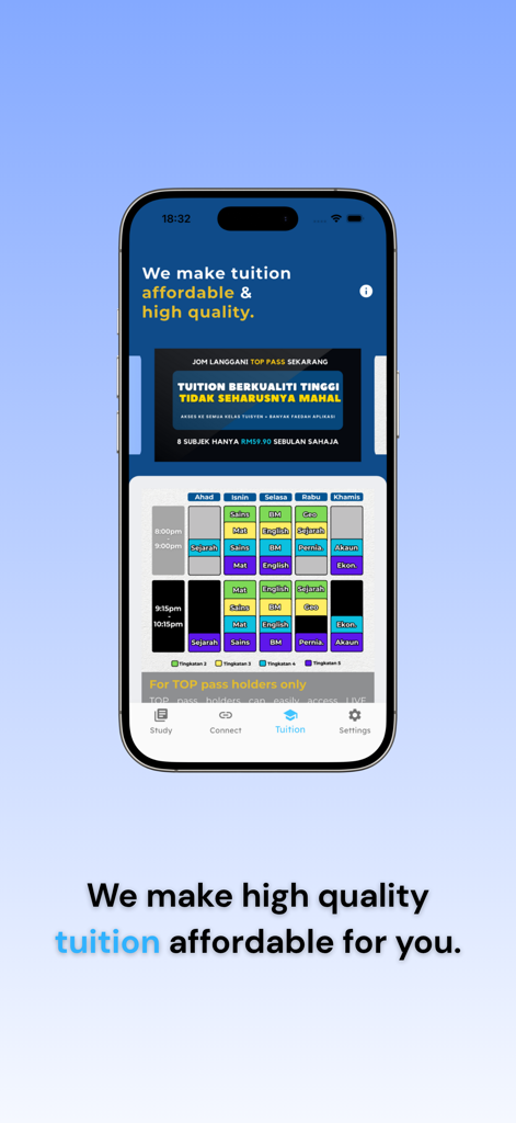 A smartphone displaying the JomStudy app tuition interface with a weekly class timetable for various subjects and an affordable tuition offer.