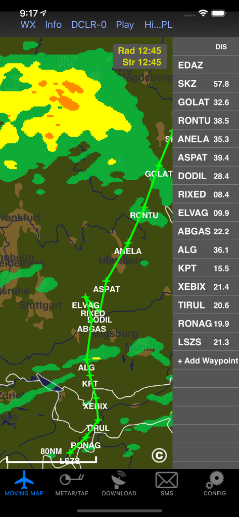 ADLConnect - ADLConnect app interface showing a moving map with flight waypoints and weather radar data