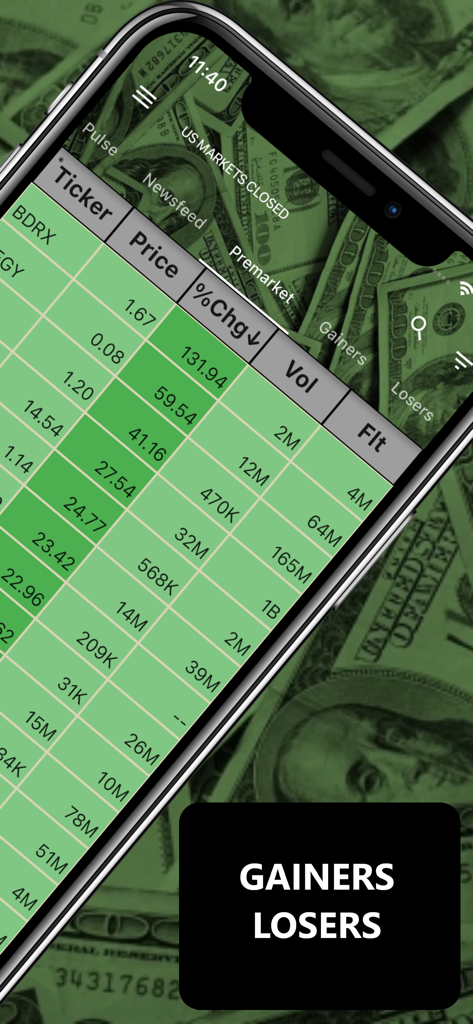 A mobile app screen showing a real-time list of stock gainers and losers with price and volume data.