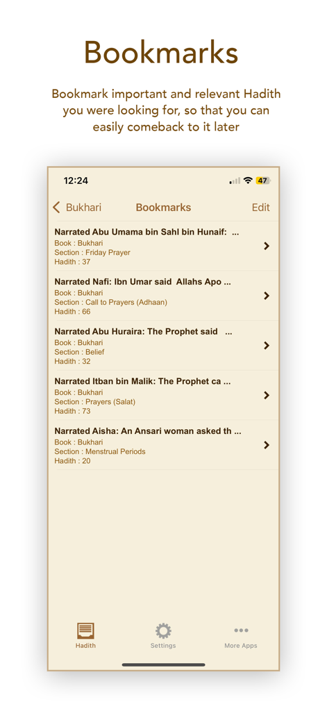 Pantalla de marcadores de la aplicación Al Bukhari mostrando una lista de Hadices guardados para una fácil referencia