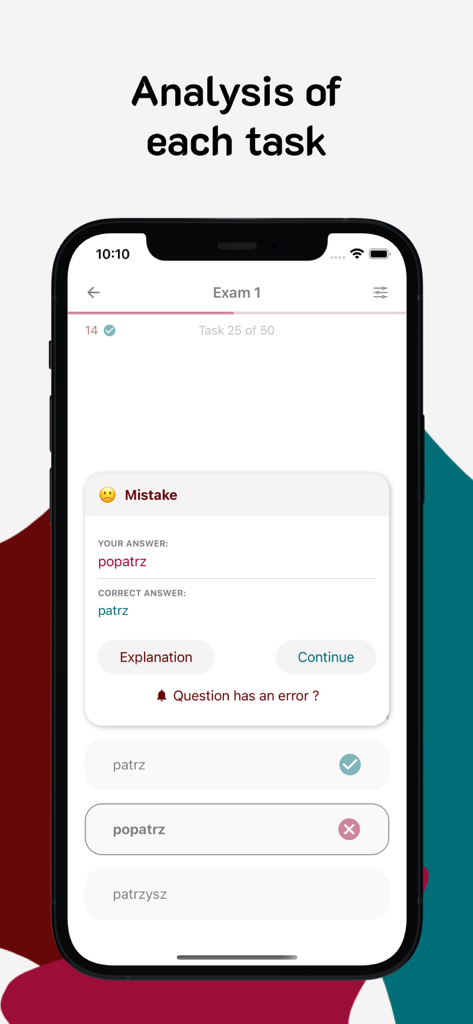 Analysis of a task in the Polish B1 exam simulator showing a mistake and a correct answer.
