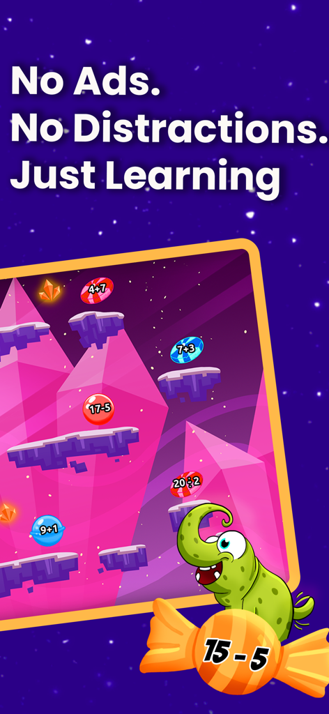 Math Facts Fun Practice Games - Pantalla de juego de Monster Math que muestra desafíos de cálculo mental sin anuncios para un aprendizaje sin distracciones.