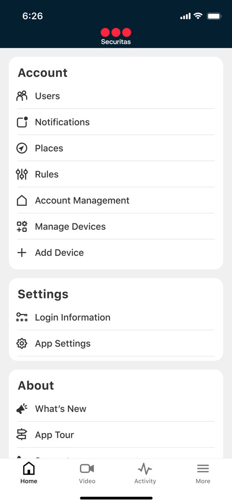 Securitas Connect - Securitas Connect Mobile App Menübildschirm mit Konto- und Geräteeinstellungen