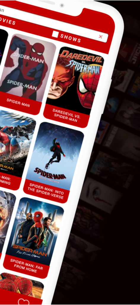 Primeflix Plus Movies & Tv - Mobile app interface of Primeflix Plus showing search results for Spider-Man movies and shows