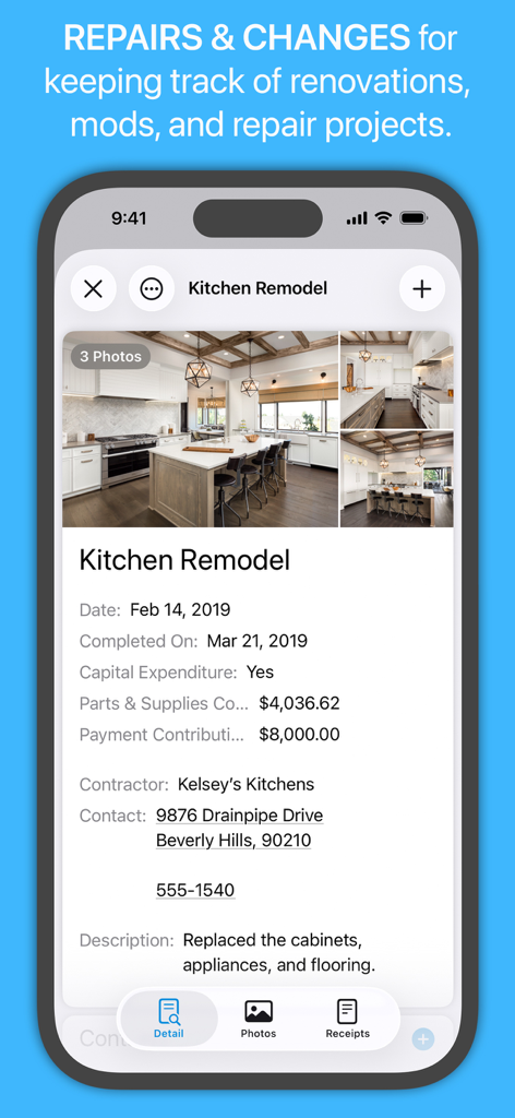 Under My Roof Home Inventory + - Mobile app interface showing renovation details for a kitchen remodel including costs and contractor information