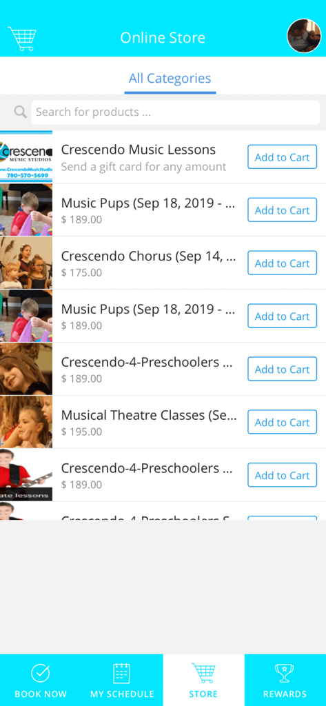Crescendo Music Studios - Online store view of the Crescendo Music Studios app listing music lessons and preschool classes for booking.