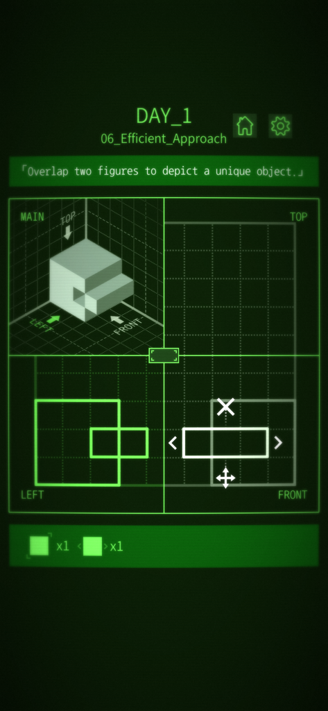 Viewport - The Game - Technical green interface of a spatial reasoning puzzle in Viewport The Game showing 3D and 2D views
