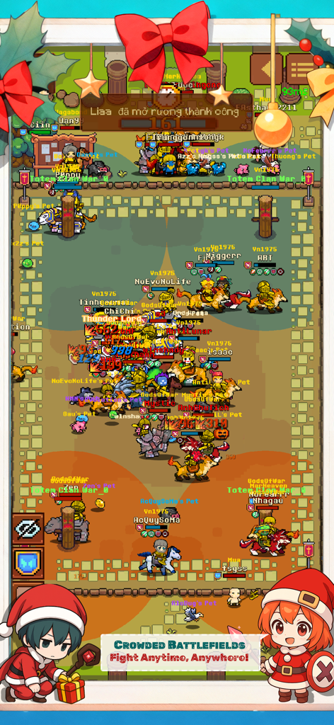 Treasure Hunter - Survival - A crowded 2D pixel art battlefield with multiple players and heroes in combat in Treasure Hunter Survival