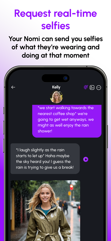 Nomi: AI Companion with a Soul - A mobile app chat interface showing a photorealistic AI companion named Kelly sending a real-time selfie in a raincoat during a roleplay session.