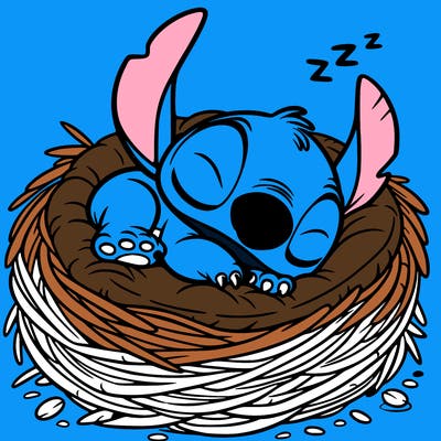 stitch sleeping in a nest