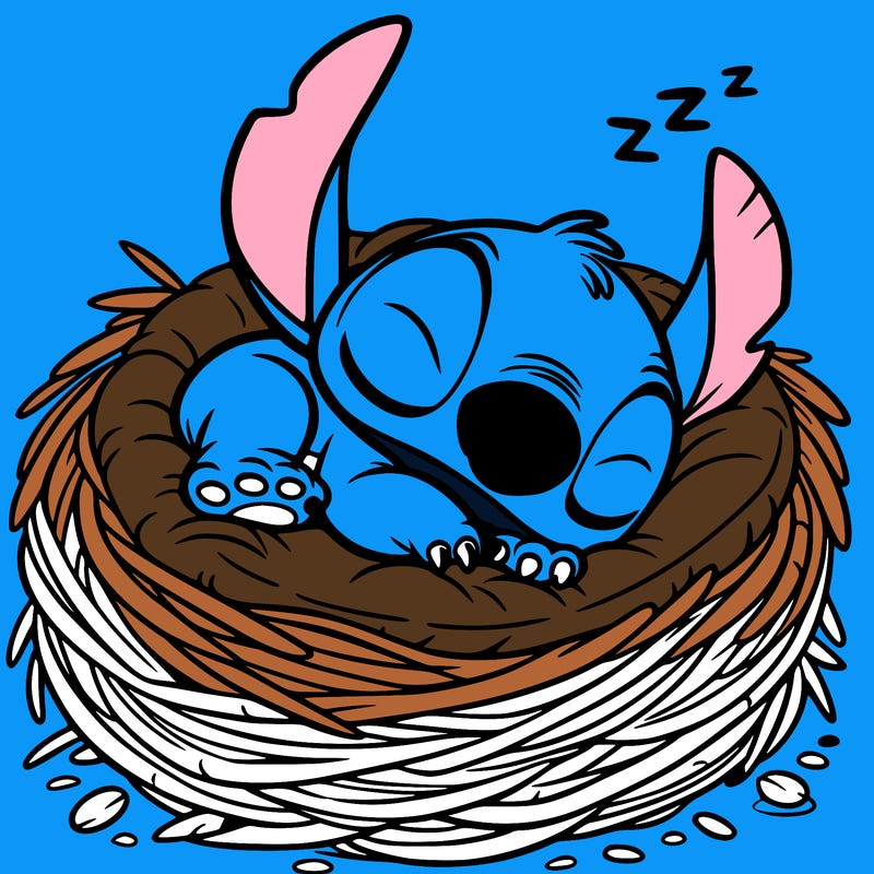 stitch sleeping in a nest