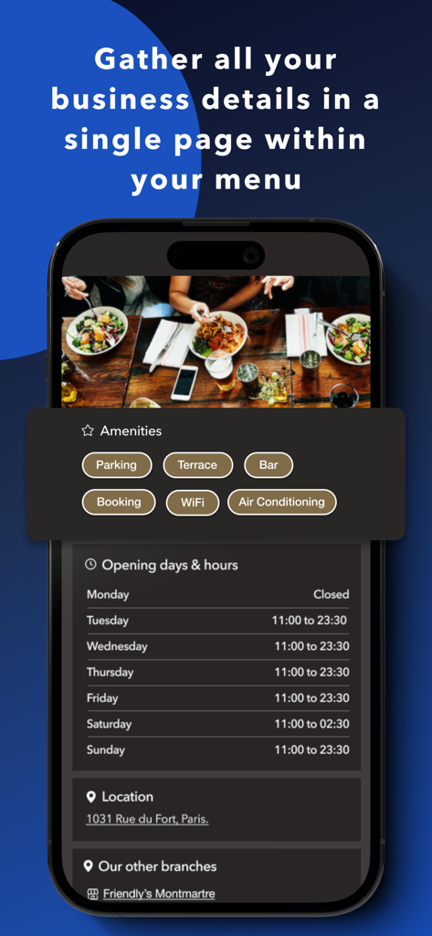 Interface mobile de l'application Convivio affichant les commodités du restaurant, les heures d'ouverture et les détails de localisation sur une seule page.