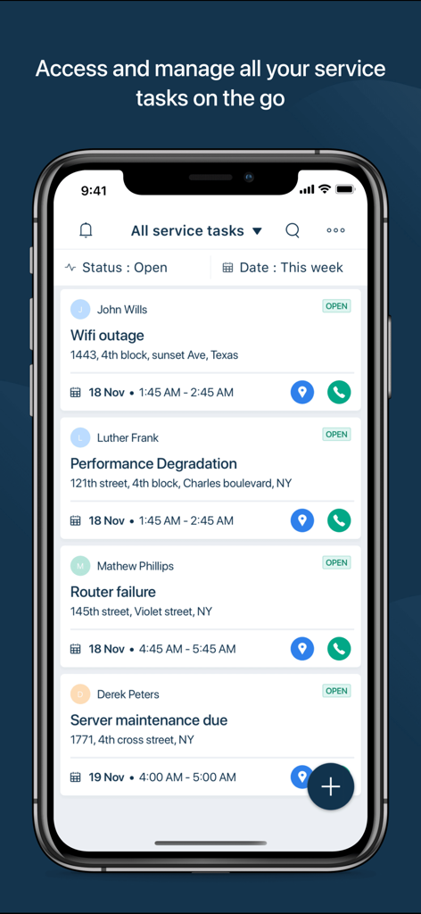 Freshdesk - Freshdesk mobile App, die ein Dashboard mit offenen Service-Aufgaben und Kunden-Tickets anzeigt.