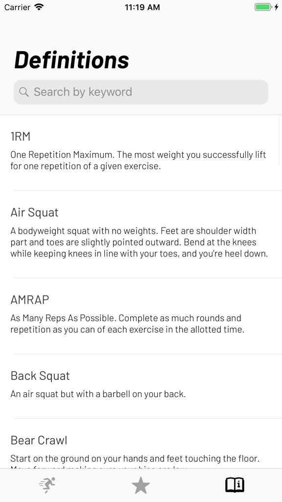 A glossary screen in the Random WOD Generator app defining functional fitness terms like 1RM, Air Squat, and AMRAP.
