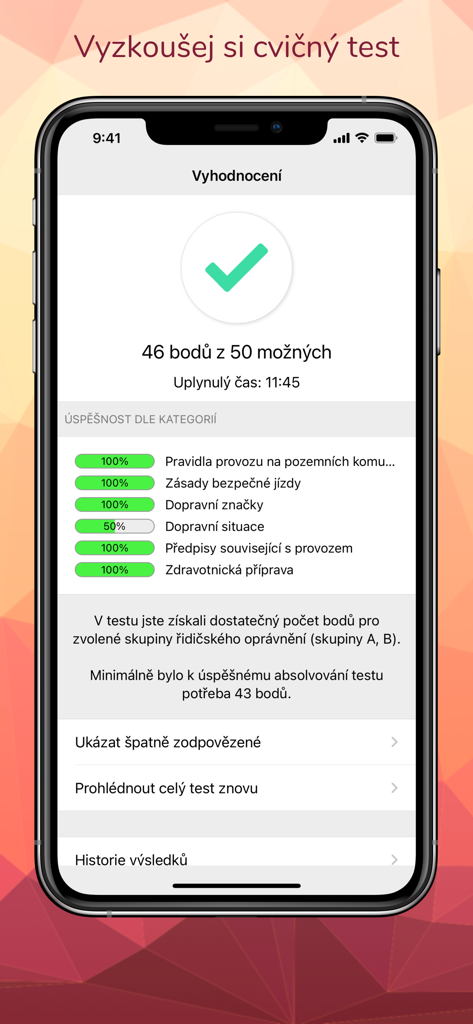 Autoškola 2026 CZ – eTesty+ - Mobile app screen showing driving test evaluation results with a green checkmark and scores for various categories