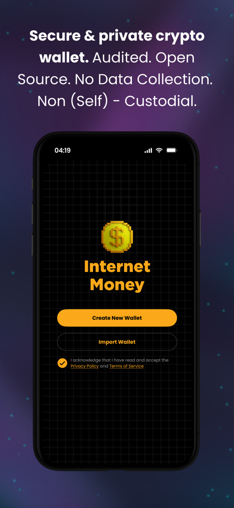 Internet Money - Crypto Wallet - Internet Money crypto wallet onboarding screen showing options to create or import a private and self custodial wallet