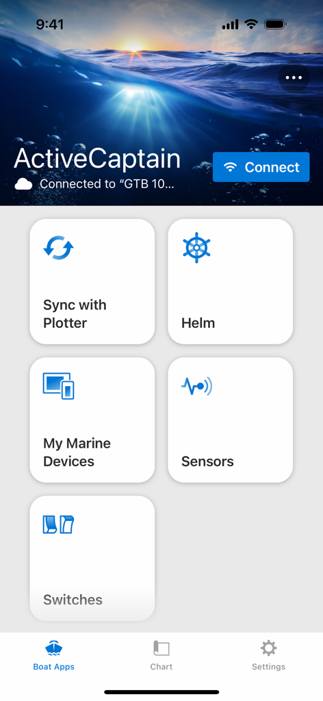 ActiveCaptain® - Écran d'accueil de l'application ActiveCaptain montrant les tuiles du tableau de bord pour la synchronisation de la barre avec le traceur et la gestion des appareils marins