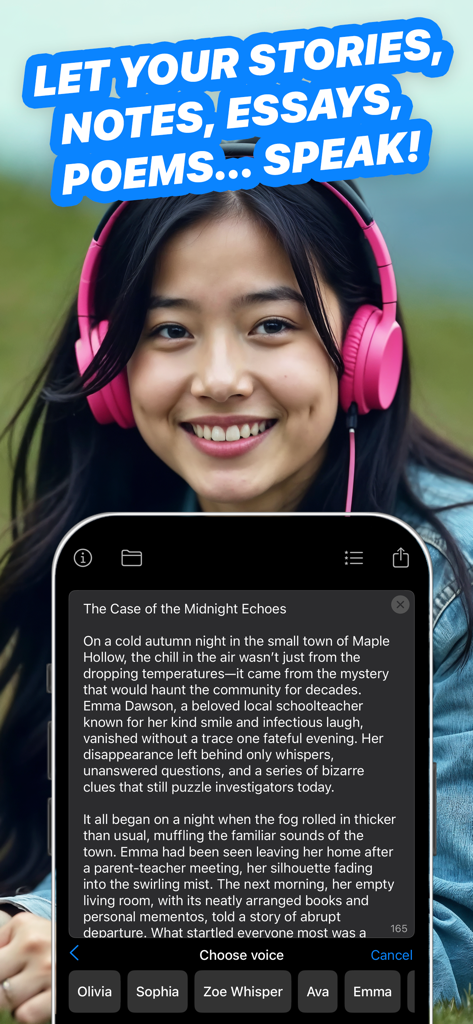 Una donna con cuffie rosa ascolta una storia utilizzando l'app di sintesi vocale FreeTTS con opzioni di voce naturale.