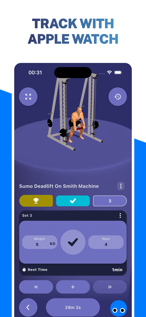 GymStreak app interface tracking a sumo deadlift workout with Apple Watch integration