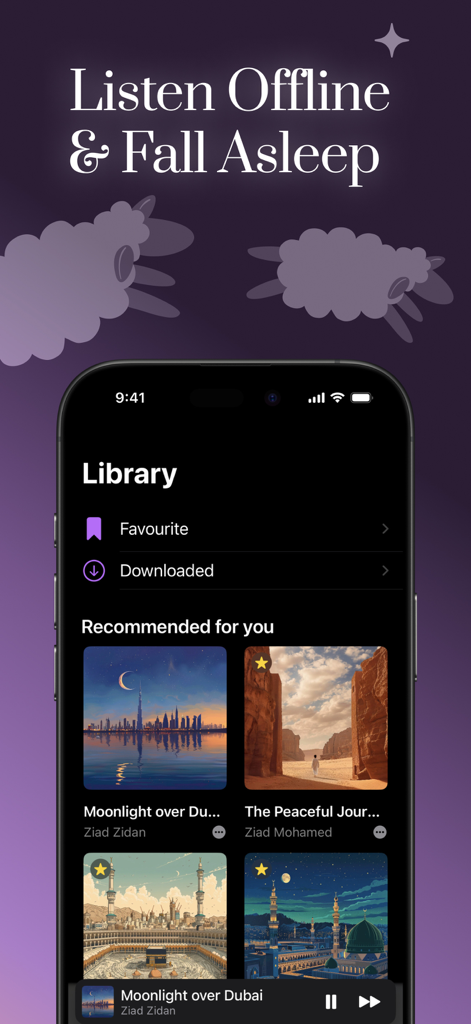 Wahha - Quran Stories - iPhone screen showing the Wahha app library interface with Islamic sleep stories and recommended audio content.