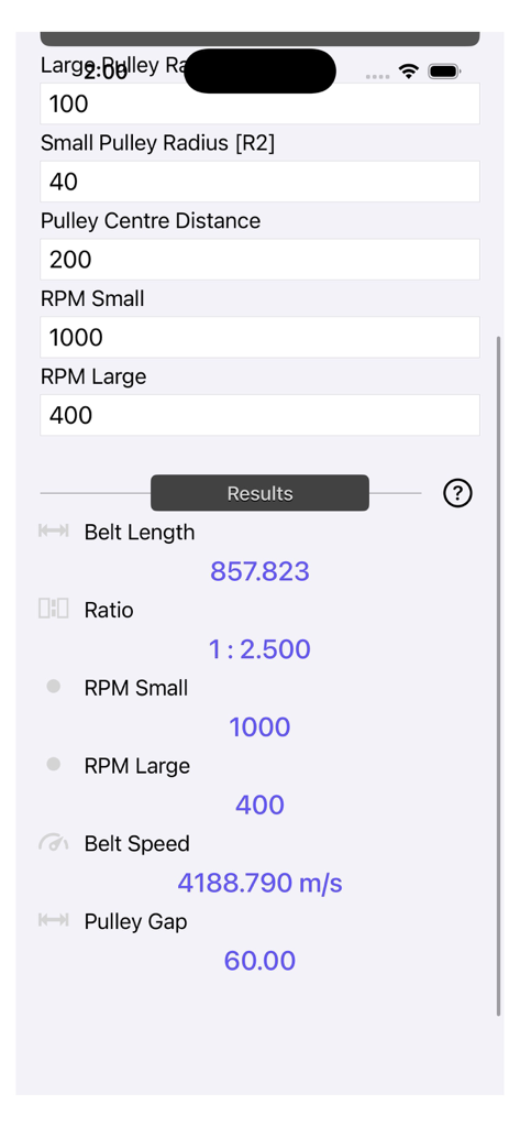 Pulley Calculator app interface showing calculated results for belt length ratio and RPM